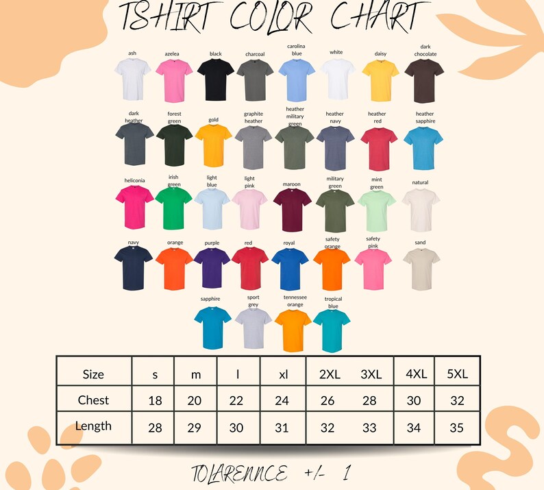 The image is a color chart displaying various t-shirt designs in different colors and sizes.