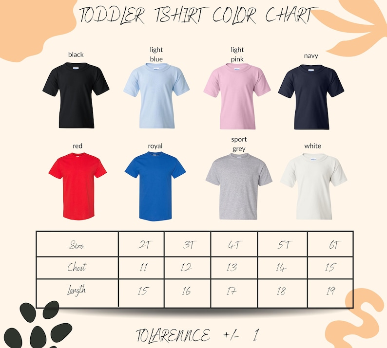 The image is a color chart for toddler t-shirts, displaying various color options and corresponding sizes.