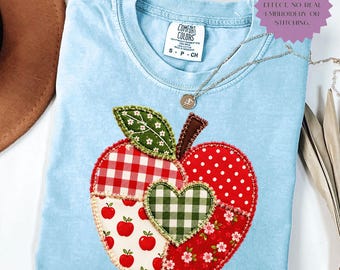 Comfort Colors® Faux Patchwork Apple Teacher Shirt, Faux Embroidered Apple Tee, Teacher Appreciation Gift, Spring Teacher Shirt