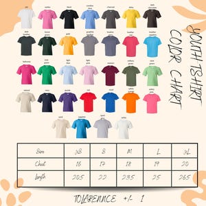 The image is a color chart displaying various t-shirt colors and sizes, along with a table of sizes and corresponding chest measurements.