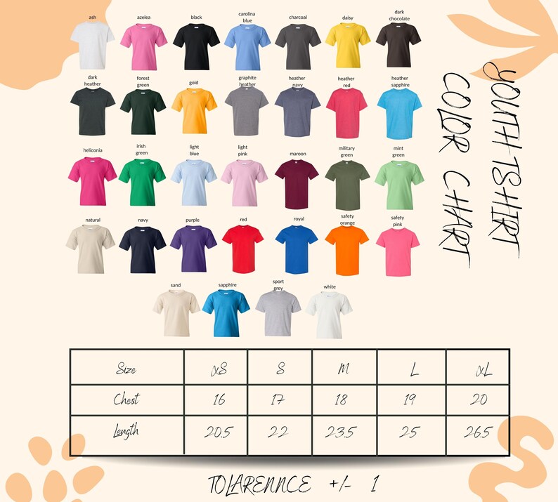 The image is a color chart displaying various t-shirt colors and sizes, along with a table of sizes and corresponding chest measurements.