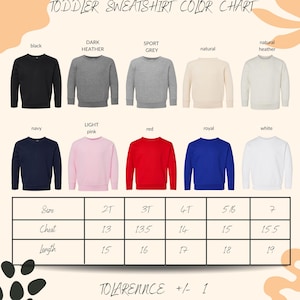 The image is a color chart for toddler sweatshirts, displaying various color options and corresponding sizes.