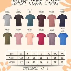 a color chart for a T-shirt, showing various color options and corresponding sizes.