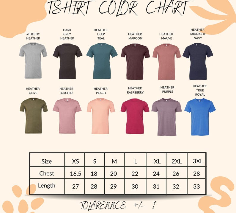 a color chart for a T-shirt, showing various color options and corresponding sizes.
