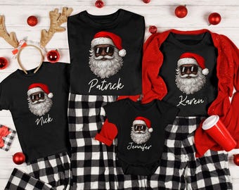 Black Santa Claus Sun Glasses Family Shirts 2025 Christmas Pajamas, African American Santa Claus, Brown Santa Face Family Matching Shirts