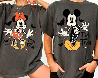 Comfort Colors® Skeleton Mickey Minnie Halloween Shirt, Spooky Couple Halloween Tee, Trick or Treat Shirt, Halloween Matching Gift