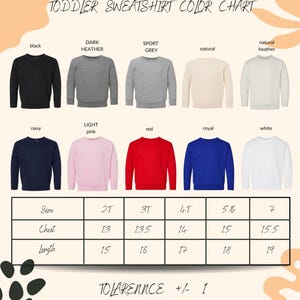 The image is a color chart for toddler sweatshirts, displaying various color options and corresponding sizes.