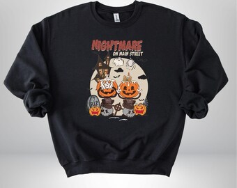 Nightmare On Main Street Sweatshirt, Funny Halloween Hoodie, Skeleton Halloween Sweatshirt, Halloween Horror Gift, Fall Sweatshirt For Women