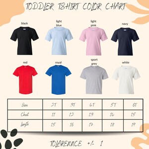 The image is a color chart for toddler t-shirts, displaying various color options and corresponding sizes.
