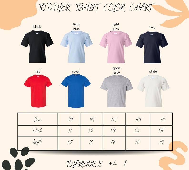 The image is a color chart for toddler t-shirts, displaying various color options and corresponding sizes.