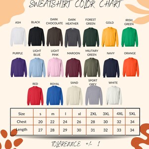 The image is a color chart displaying various sweatshirt colors and sizes, along with corresponding chest and length measurements.