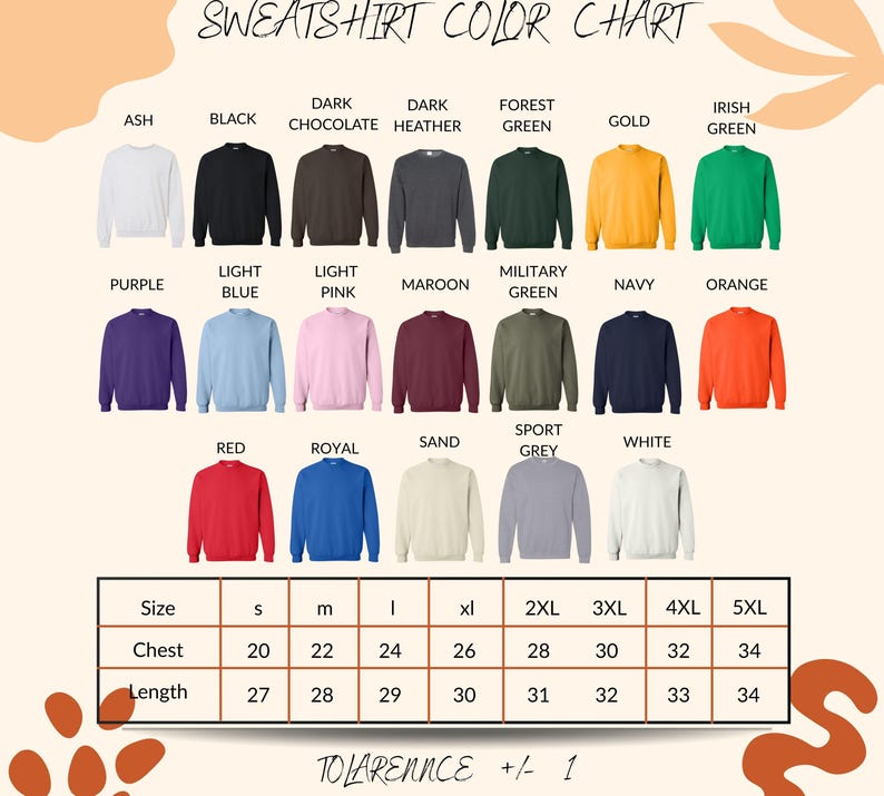 The image is a color chart displaying various sweatshirt colors and sizes, along with corresponding chest and length measurements.