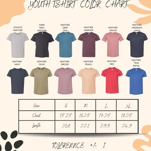 a color chart for youth t-shirts, showing various color options and corresponding sizes.