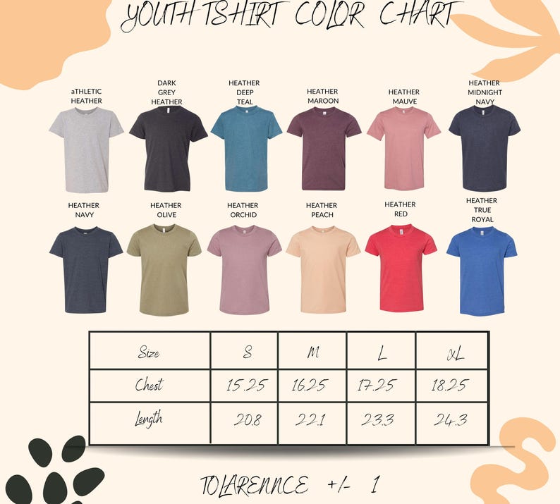 a color chart for youth t-shirts, showing various color options and corresponding sizes.