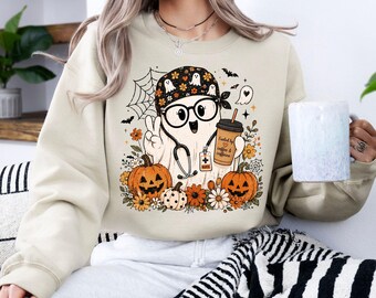 Halloween Nurse Ghost Sweatshirt, Spooky Nurse Pumking Tee, Cute Ghost Coffee Graphic, Nurse Halloween Gift, Fall Nurse Shirt