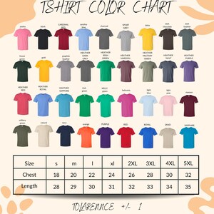 The image is a color chart displaying various t-shirt colors and sizes, along with corresponding descriptions.