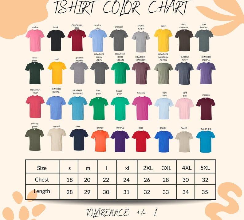 The image is a color chart displaying various t-shirt colors and sizes, along with corresponding descriptions.