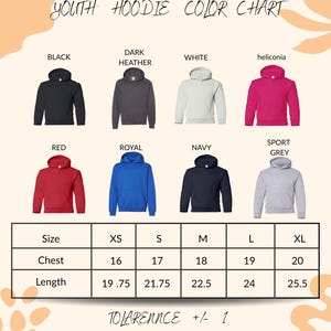 a color chart for youth hoodies, showing different color options and corresponding sizes.