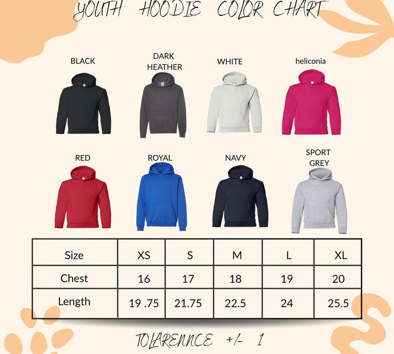 a color chart for youth hoodies, showing different color options and corresponding sizes.