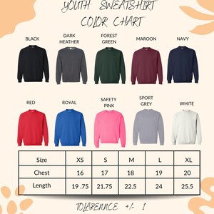 a color chart for youth sweatshirts, showing the different colors available and their corresponding sizes.