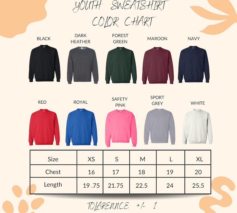 a color chart for youth sweatshirts, showing the different colors available and their corresponding sizes.