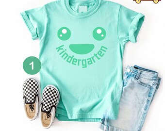 Custom Colorful Smiley Face Kindergarten Shirt, Comfort Colors® Kids Back to School Tee, Personalized Boys & Girls First Day of School Shirt