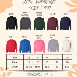 a color chart for youth sweatshirts, showing the different colors available and their corresponding sizes.