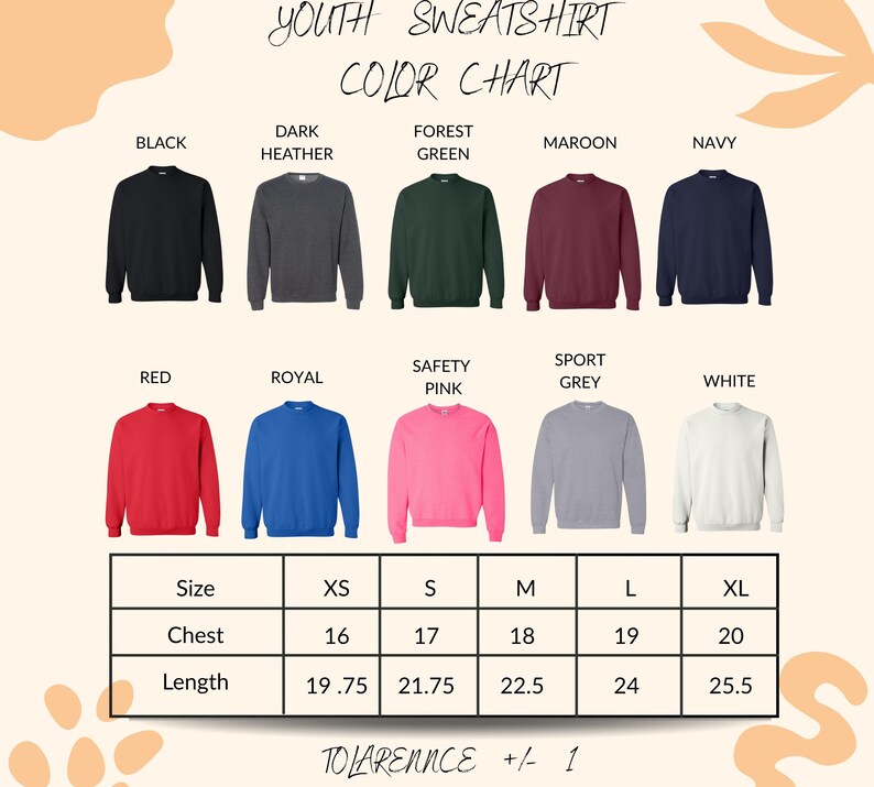 a color chart for youth sweatshirts, showing the different colors available and their corresponding sizes.