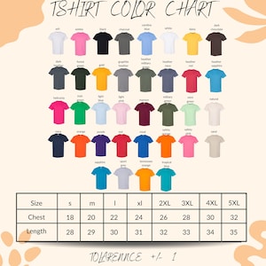 The image is a color chart displaying various t-shirt designs in different colors and sizes.