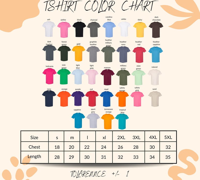 The image is a color chart displaying various t-shirt designs in different colors and sizes.