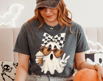 Comfort Colors® Pastel Ghost Halloween Shirt, Coquette Bow Pumpkin Coffee Tee, Cute Spooky Season Tee, Soft Fall Aesthetic Halloween Sweater
