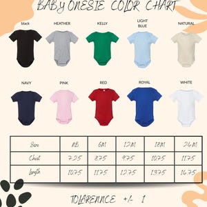 The image is a color chart for baby onesies, displaying various color options such as black, Heather, Kelly, light blue, natural, navy, pink, red, royal, white, and size information.