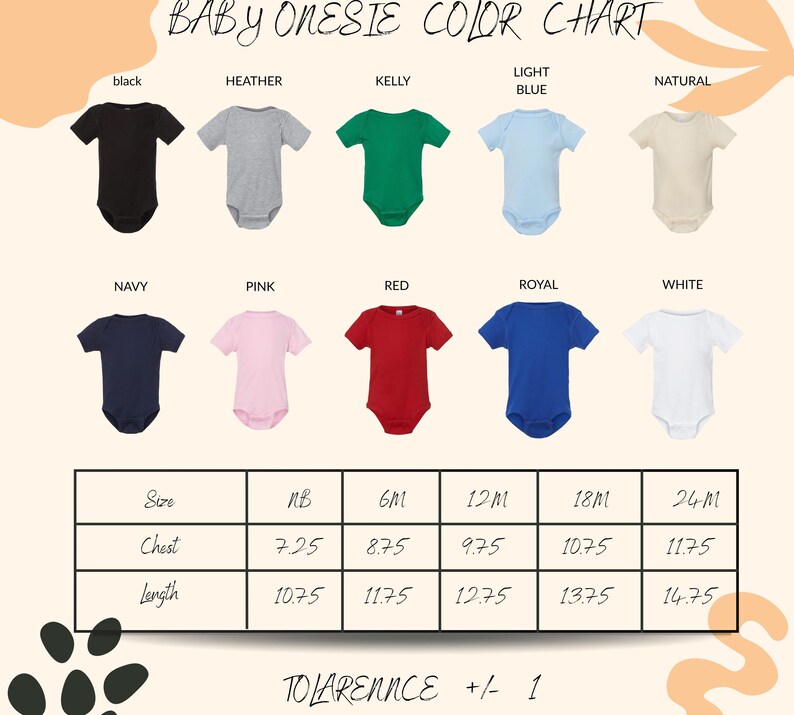 The image is a color chart for baby onesies, displaying various color options such as black, Heather, Kelly, light blue, natural, navy, pink, red, royal, white, and size information.