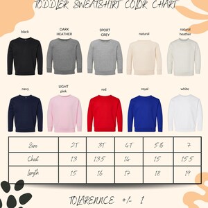The image is a color chart for toddler sweatshirts, displaying various color options and corresponding sizes.