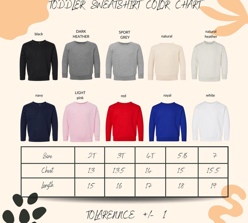 The image is a color chart for toddler sweatshirts, displaying various color options and corresponding sizes.