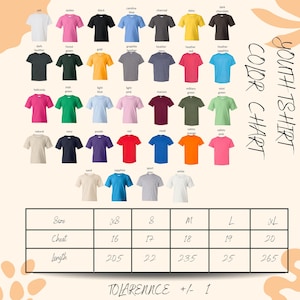 The image is a color chart displaying various t-shirt colors and sizes, along with a table of sizes and corresponding chest measurements.