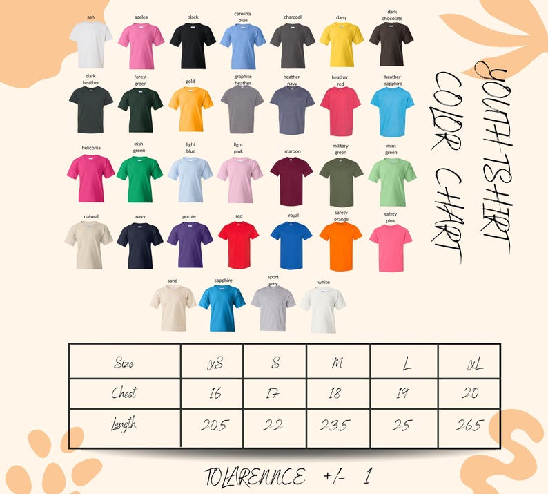 The image is a color chart displaying various t-shirt colors and sizes, along with a table of sizes and corresponding chest measurements.