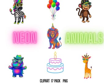 Neon Jungle Animals Clipart, Birthday Party PNG (17 Files)