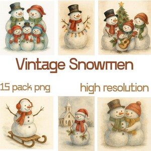 Vintage Snowman Clipart, Watercolor Holiday PNG Graphics (Digital Download)