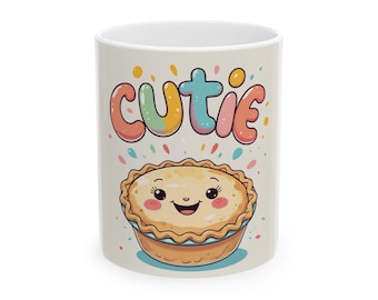 Caneca de cerâmica com design de torta Cutie Pie, presente divertido para amigos, aniversário, decoração de cozinha, amantes de café, caneca com personagem fofa