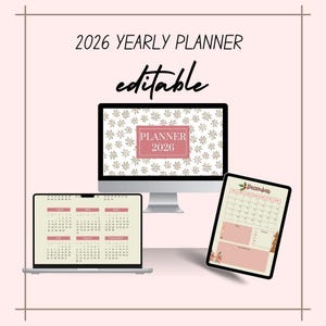 Kawaii 2026 Yearly Planner Template | Editable in Canva | Cute Monthly Pages + Bonus Cover & Calendar