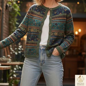 Op de afbeelding: Een vest met knopen in groen, blauw en bruin met een geometrisch patroon. De trui met ronde hals heeft lange mouwen. Het model draagt het vest over een witte top en een blauwe jeans.