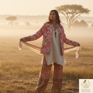 May include: A woman in a pink, red, and white floral embroidered jacket, white tunic, and patterned trousers. She holds a sheer scarf. The background shows a field and trees, with a misty atmosphere.