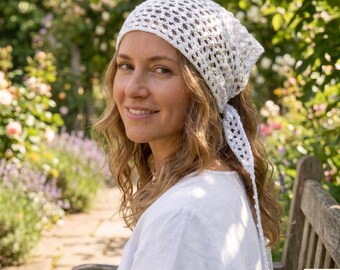White Crochet Head Scarf with Sequins, Bohemian Lace Bandana for Renaissance Faire, Festival Hair Accessory, Medieval Wedding Hair Gift