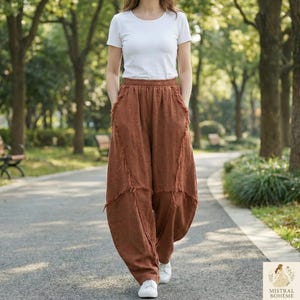 Pantaloni bohémien in lino e cotone per donna – gamba larga, vita alta, patchwork sfilacciato, pantaloni estivi casual dalla vestibilità ampia, colore marrone