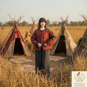 Può includere: Giacca trapuntata rossa con design patchwork e finiture nere. La giacca ha un colletto tondo e chiusure con bottoni. La persona indossa un berretto grigio scuro e pantaloni. Lo sfondo include strutture a forma di teepee in un campo.