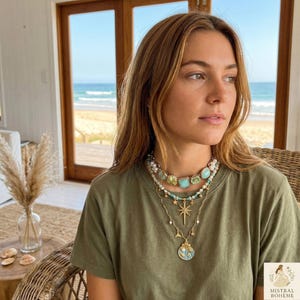 ボヘミアン風沿岸ネックレス - レイヤードターコイズパールスターシェルペンダントマーメイドコアビーチジュエリー - 女性へのギフト - ゴールドの天体風デザイン