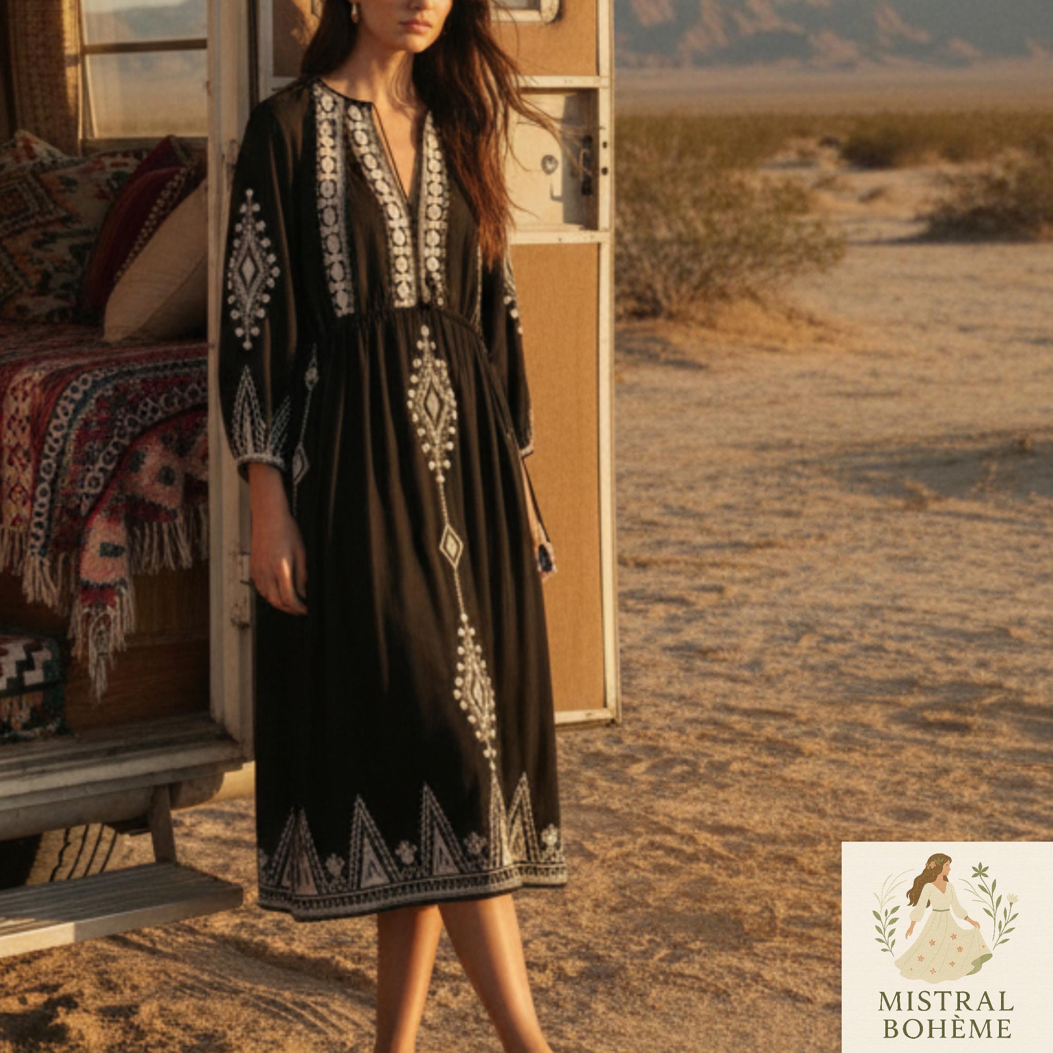 Robe Maxi Longue Boho Noire Femme - Taille XL - Nombreux Détails Au Corsage - Neuf Sans Étiquette