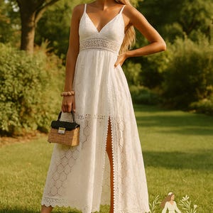 Bohemian White Lace Maxi Dress – Elegant Summer Long Dress with Slit, Beach Wedding Guest Outfit, Romantic Boho Evening Dress