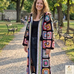 Crochet Patchwork Coat – Colorful Cotton Granny Square Hooded Boho Jacket for Festivals, Winter Layering, Artisanal Retro Style